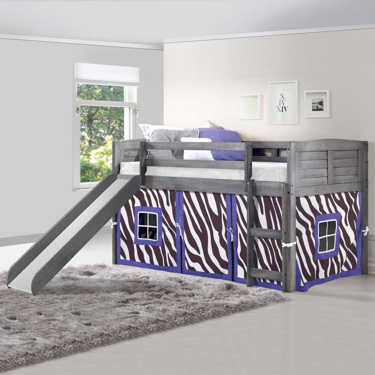 Twin Louver Low Loft with Slide and Zebra Tent Kit in Antique Grey Finish S294186