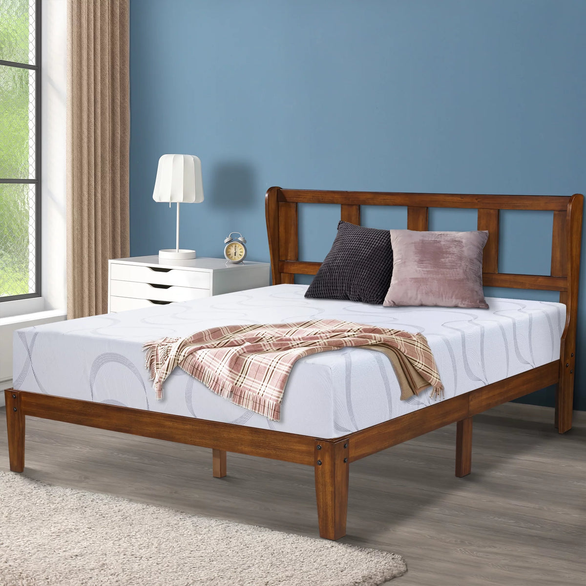 14" Full-Sized Wood Platform Bed with Headboard A9287