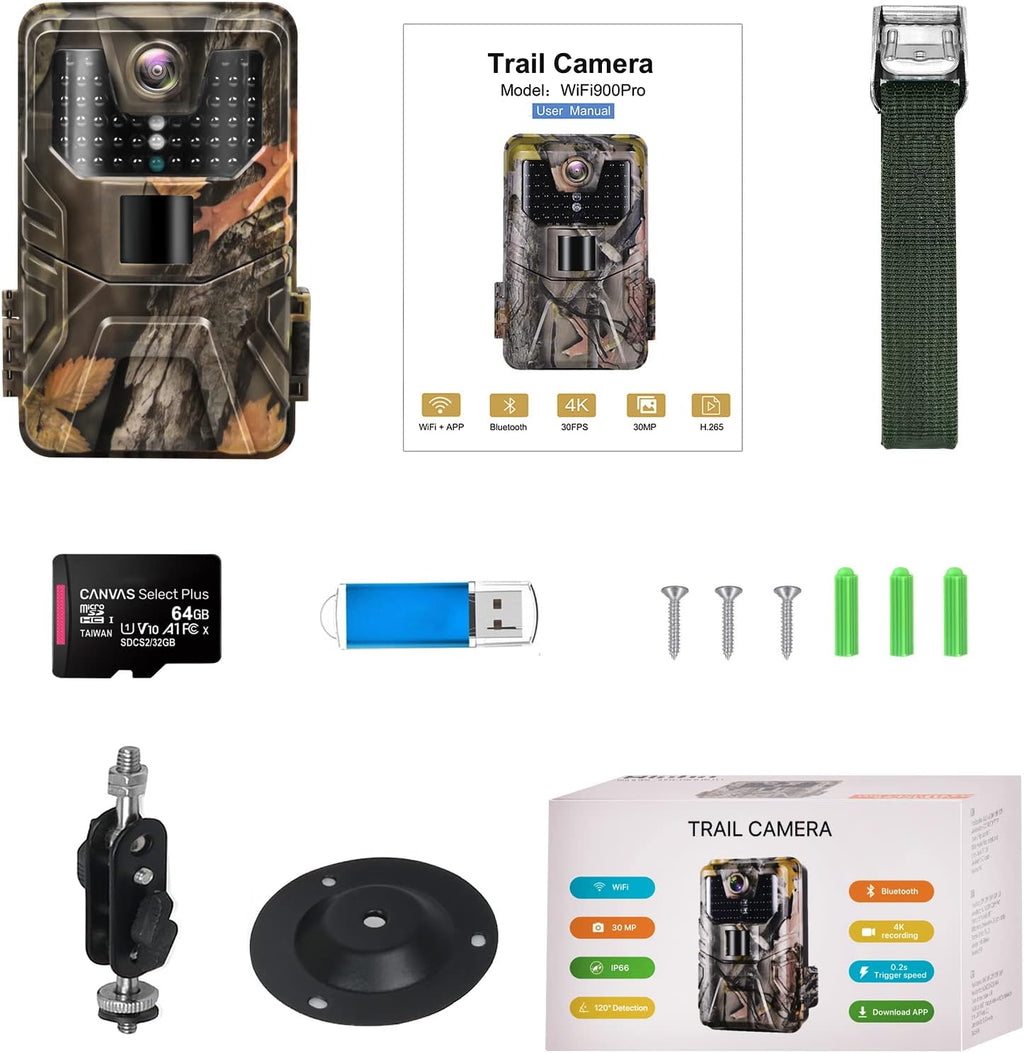 4K 30MP H.265 WiFi Trail Camera with Night Vision, Waterproof IP66, 64GB SD Card Included T674629