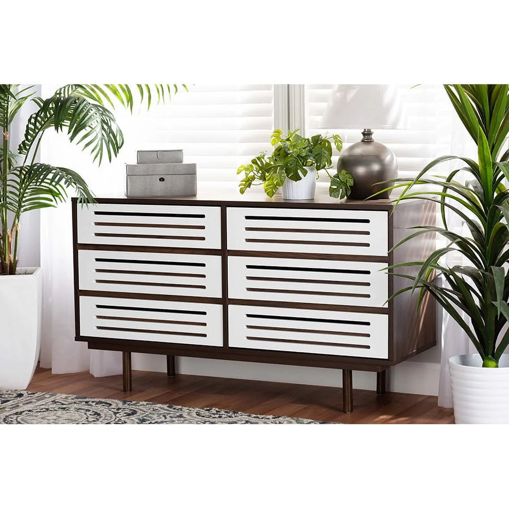 Walnut Brown and White 6-Drawer Wood Dresser V69668