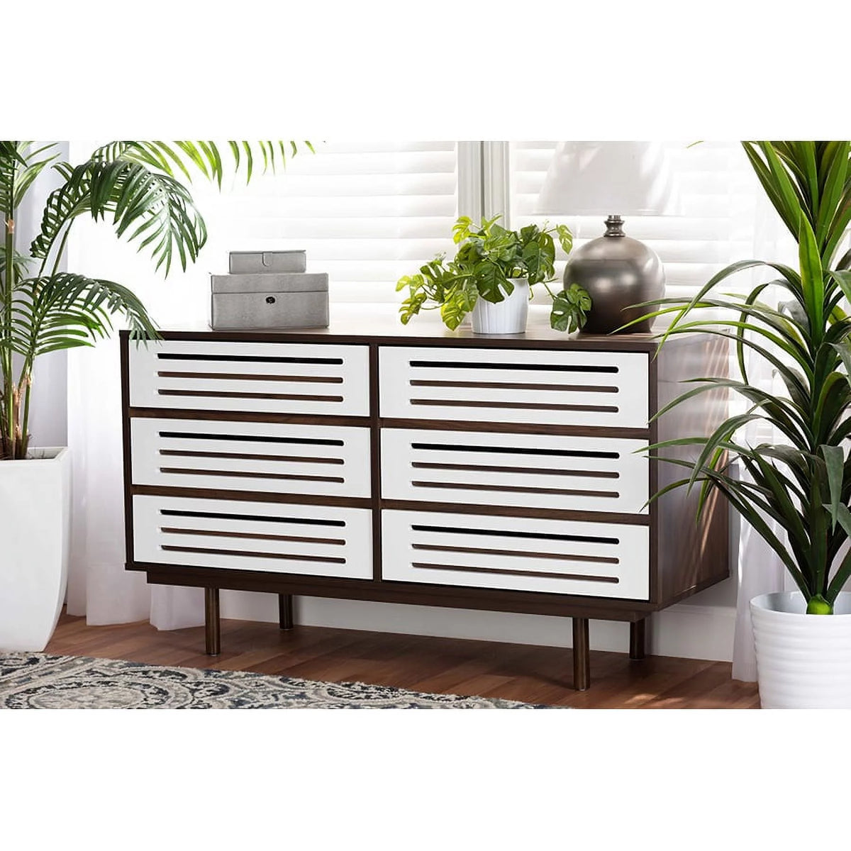 Walnut Brown and White 6-Drawer Wood Dresser V69668