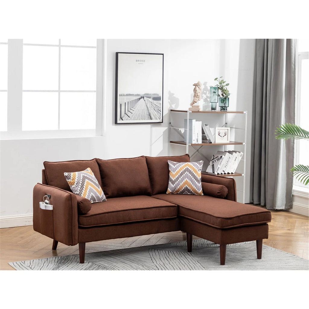 Brown Sectional Sofa Chaise with USB Charger & Pillows H9755