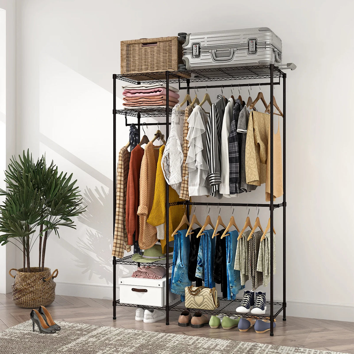 Portable Heavy Duty Clothing Storage Rack with 4 Shelves & 3 Hanging Rails Black V422346