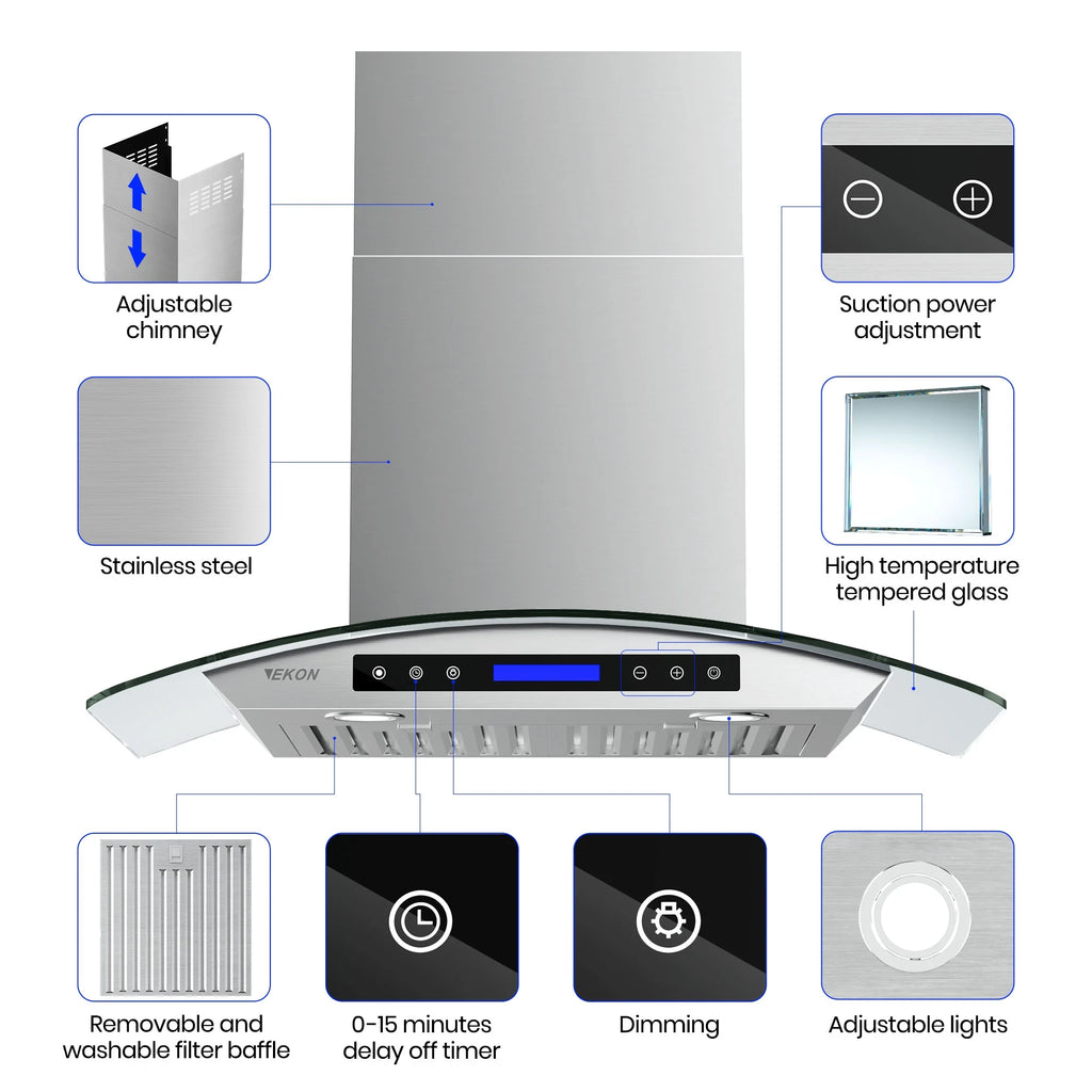 36 Inches Tempered Glass Ducted Wall Mount Range Hood T9780
