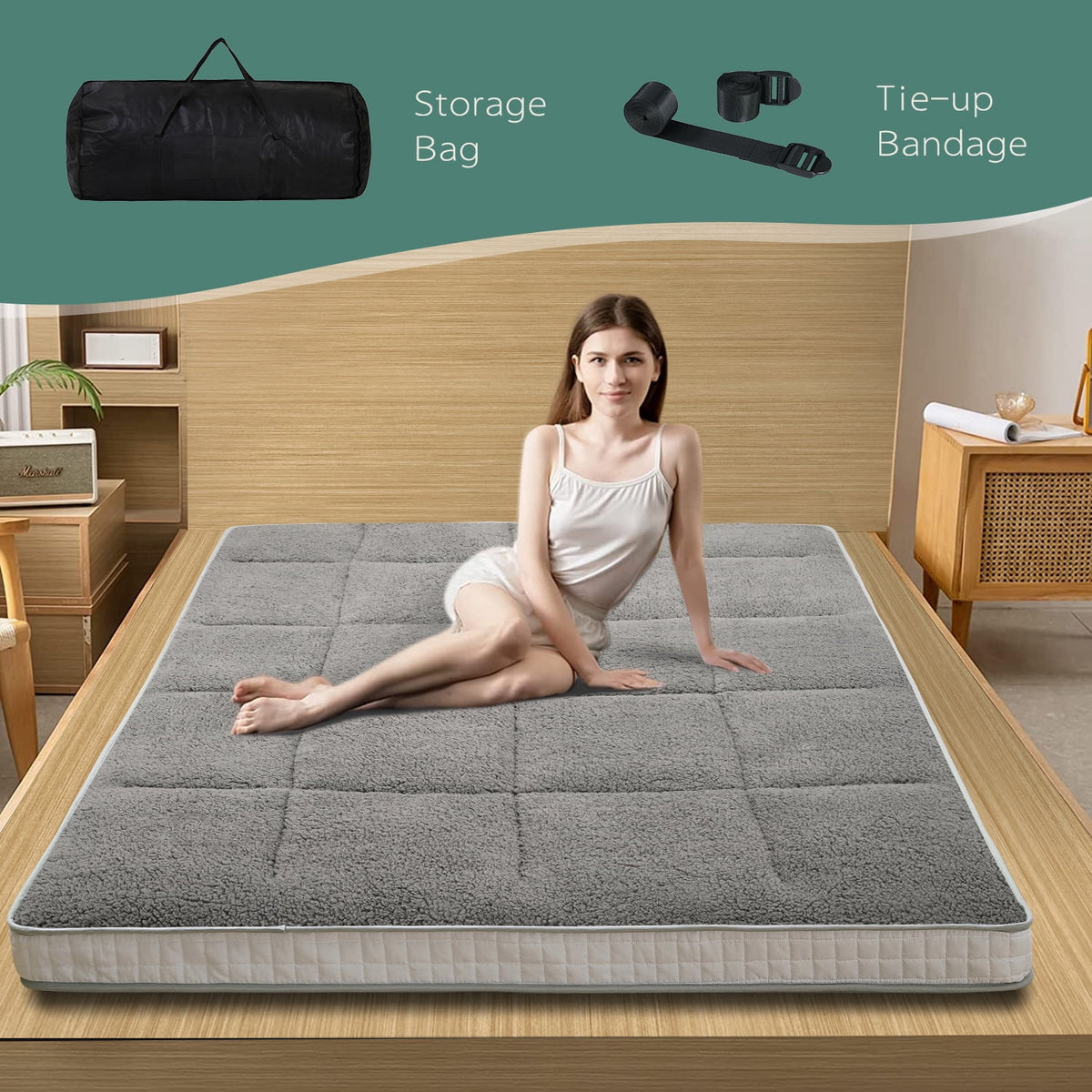 4" Thick Sherpa Fleece Folding Japanese Floor Mattress C87834