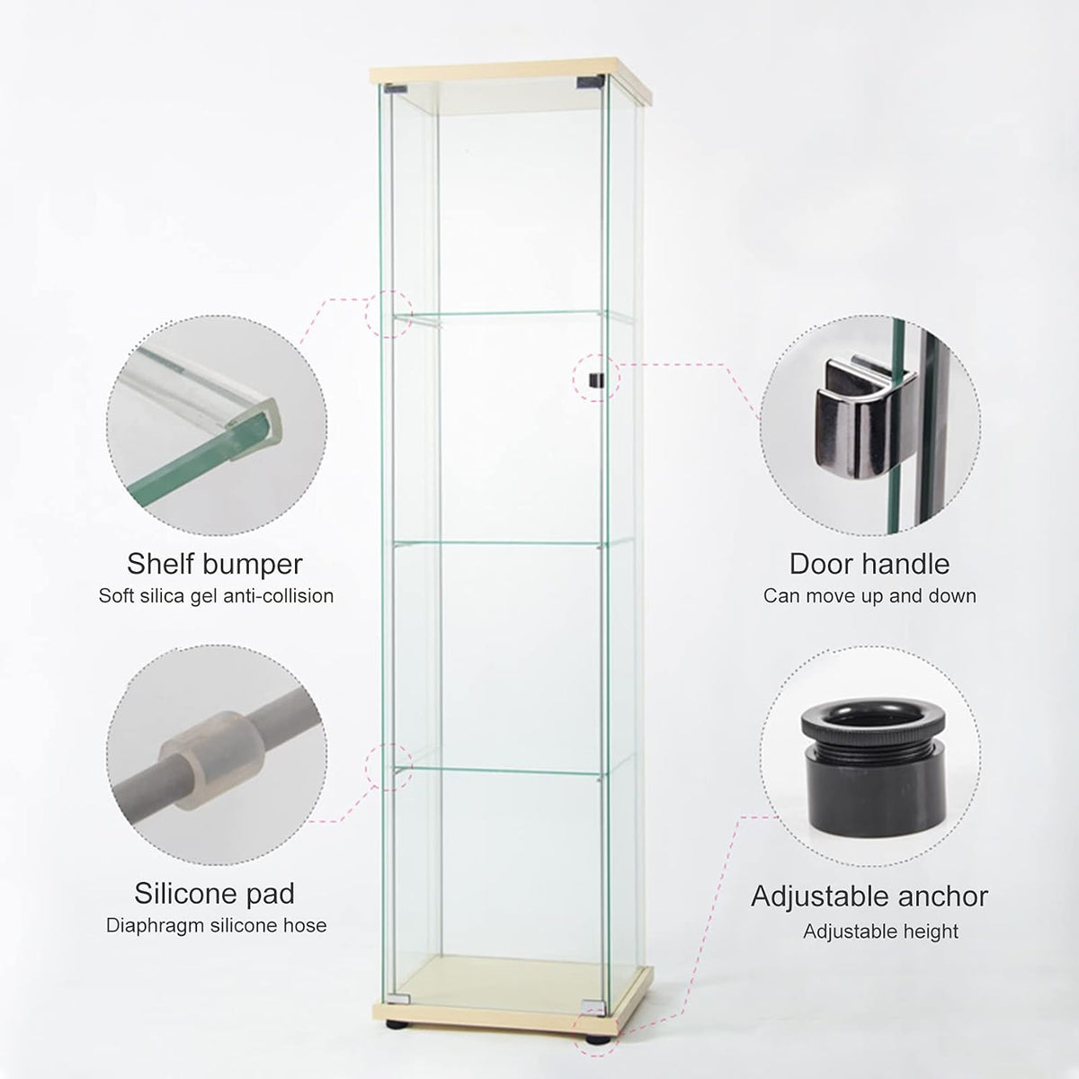Glass Display Shelf 4 Shelves with Door Floor Standing Glass Curio Cabinet Wood Color L645