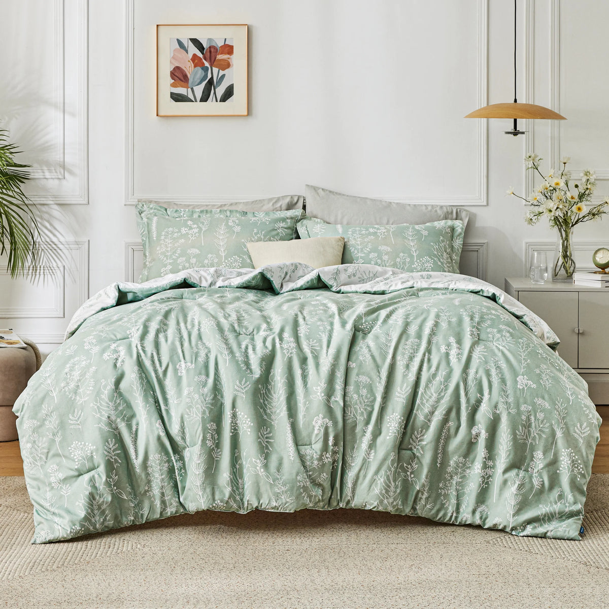 Sage Green Floral Queen Size Comforter Set N171