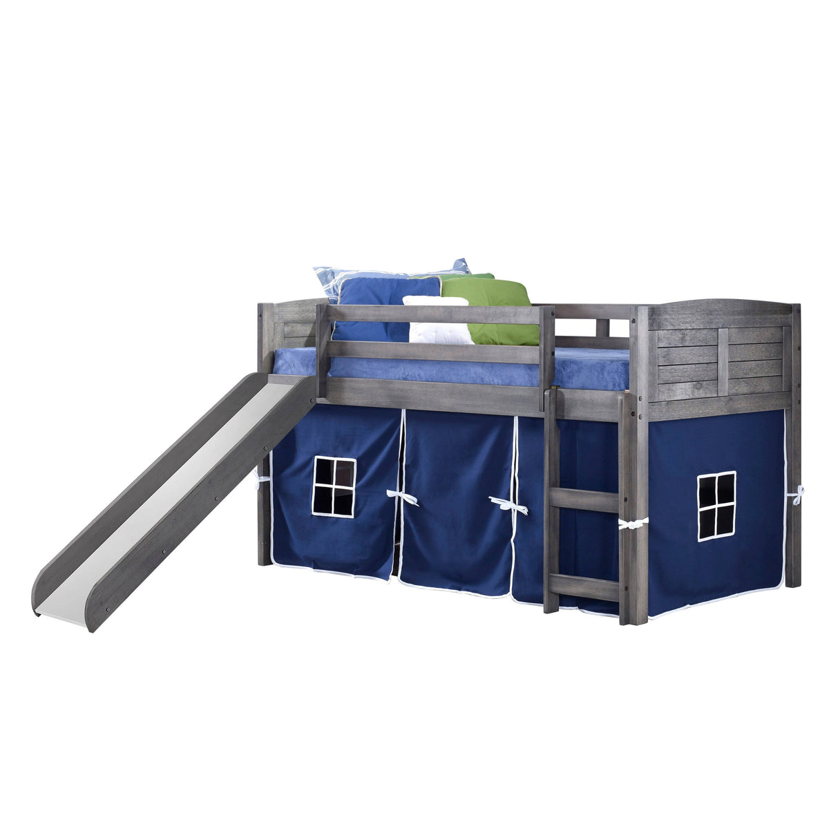 Twin Louver Low Loft with Slide and Zebra Tent Kit in Antique Grey Finish S294186