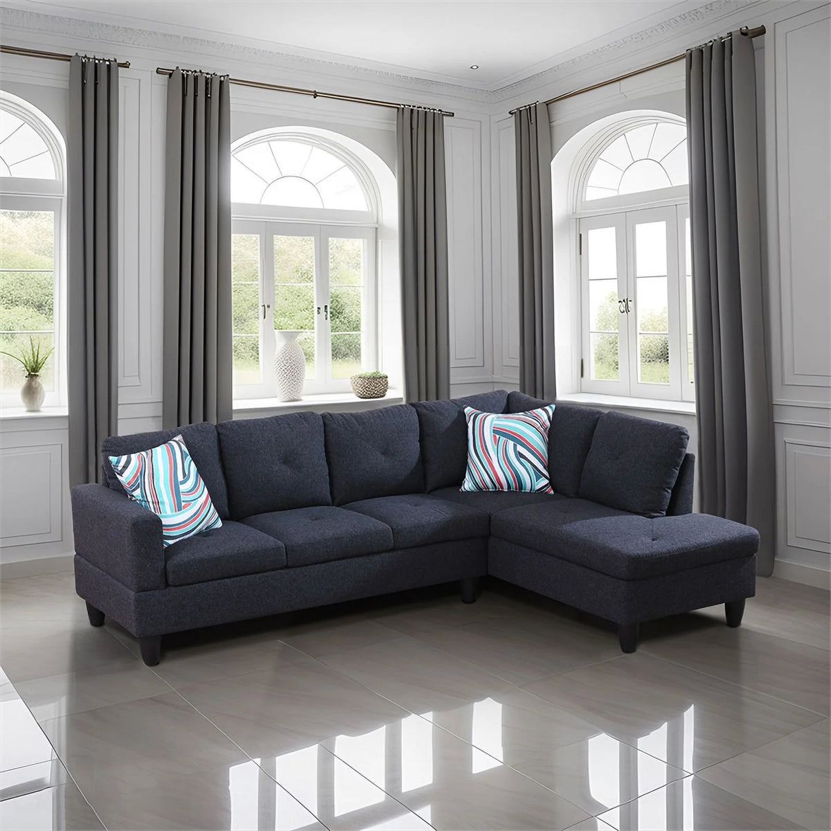 Black Grey Linen 2 Piece Sectional Sofa F909210