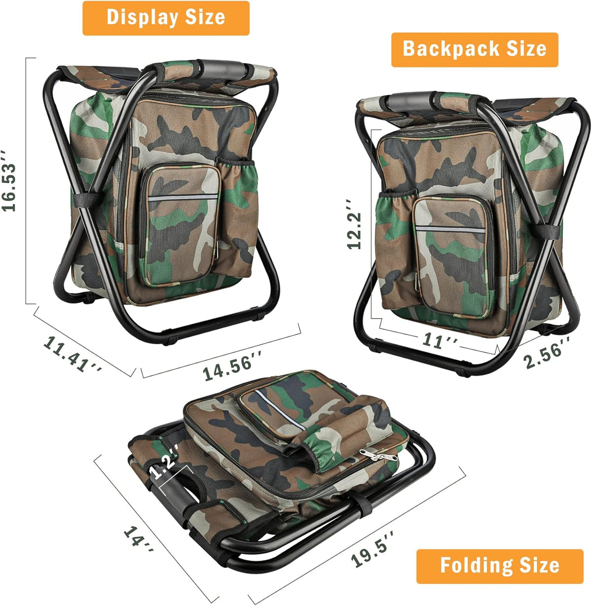 Folding Stool Backpack Insulated Cooler Bag with Front Pocket and Bottle Pocket H105912