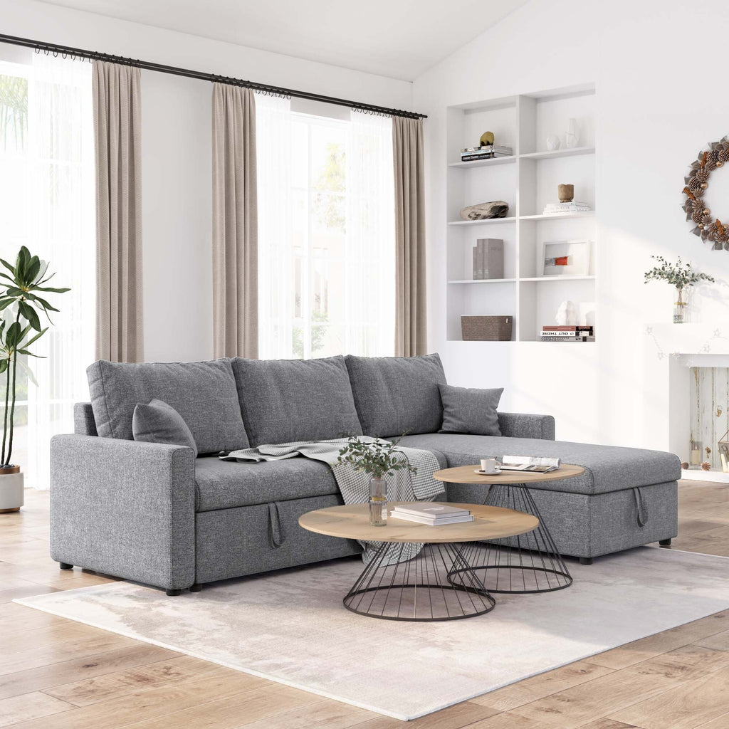 Dark Gray Linen Fabric L Shape Sofa Bed with Storage Chaise H3802