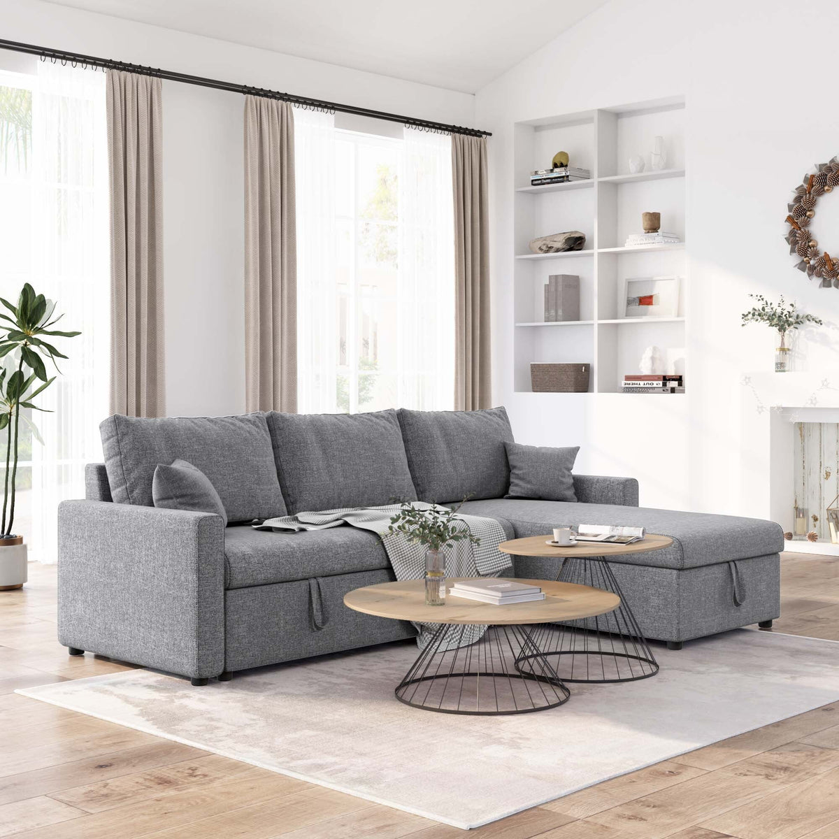 Dark Gray Linen Fabric L Shape Sofa Bed with Storage Chaise H3802