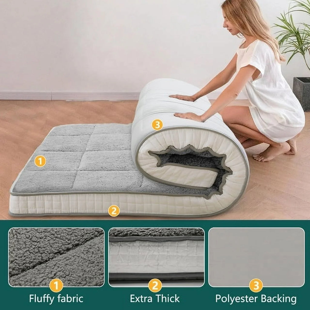 4" Thick Sherpa Fleece Folding Japanese Floor Mattress C87834
