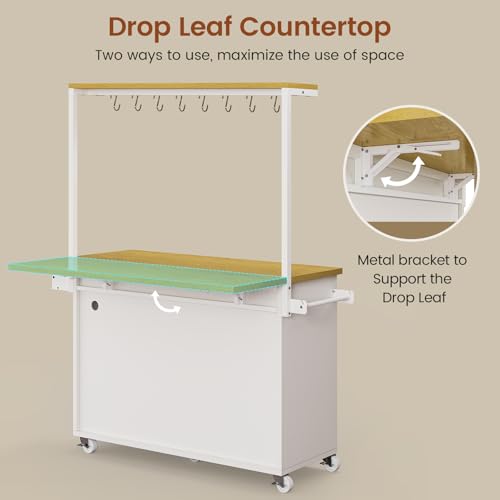 White Rolling Kitchen Island Table with Drop Leaf S56442