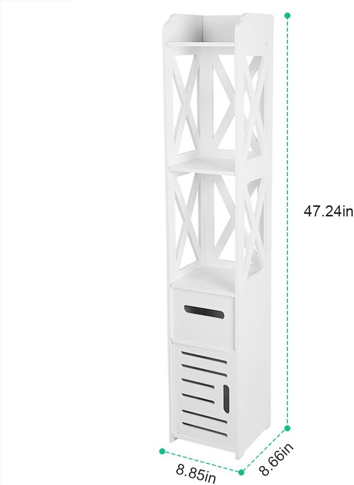 White Wooden Tall Narrow Corner Bathroom Storage Cabinet with Shutter Door and Open Shelf R50912