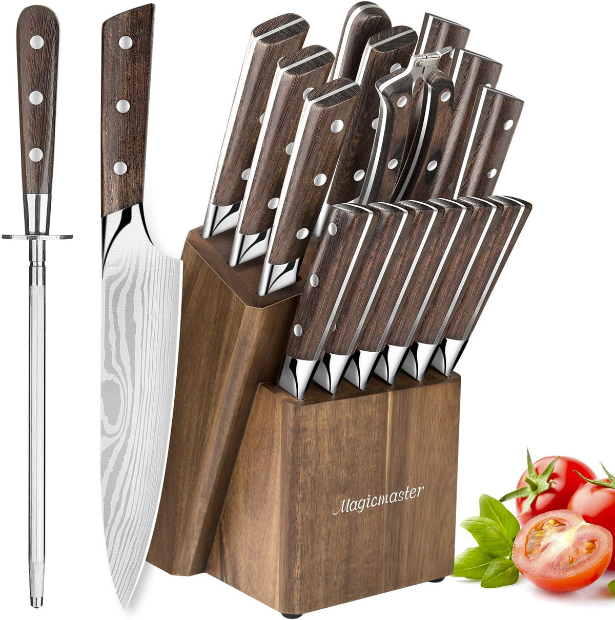 15 Pc German High Carbon Stainless Steel Knife Set with Wooden Block Y568368