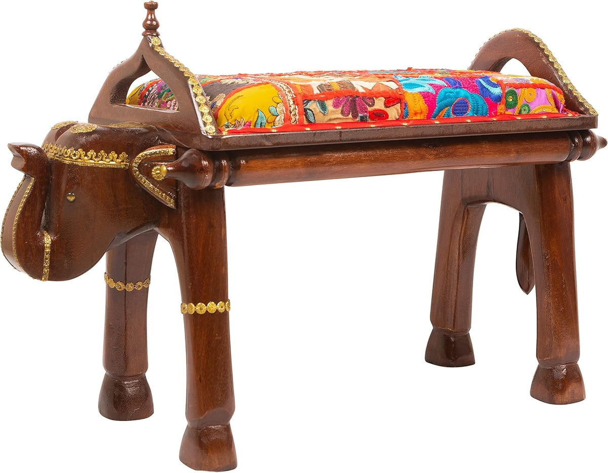 Hand Carved Wooden Elephant Side Table with Brass Accents Y5983