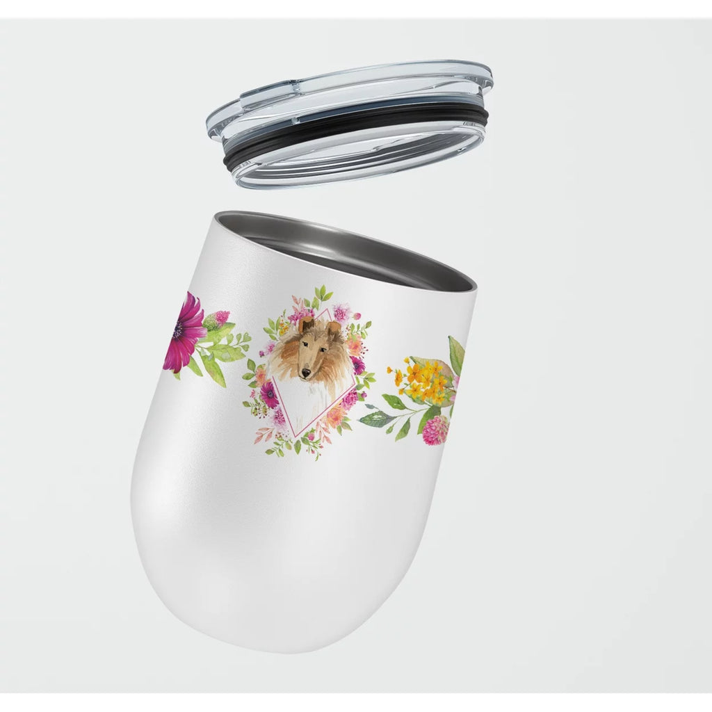 Collie Pink Flowers Stainless Steel 12 oz Stemless Wine Glass B2194