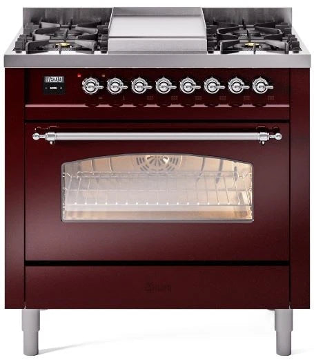 36 Dual Fuel Natural Gas Range in Burgundy with Chrome Trim U482