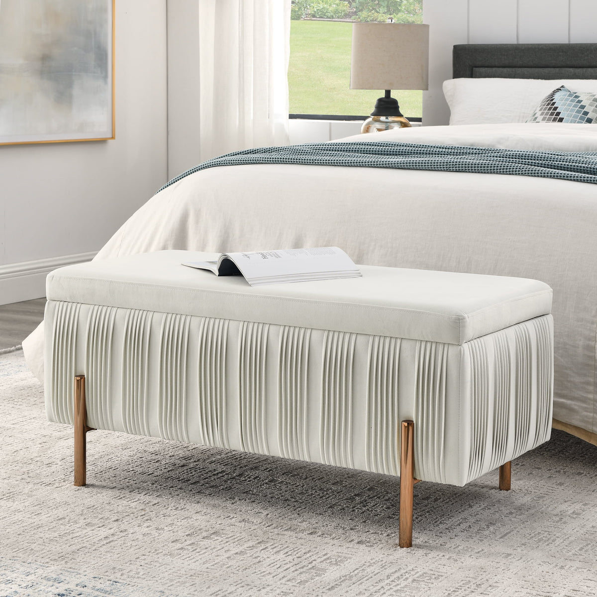 Beige Velvet Storage Bench F733809