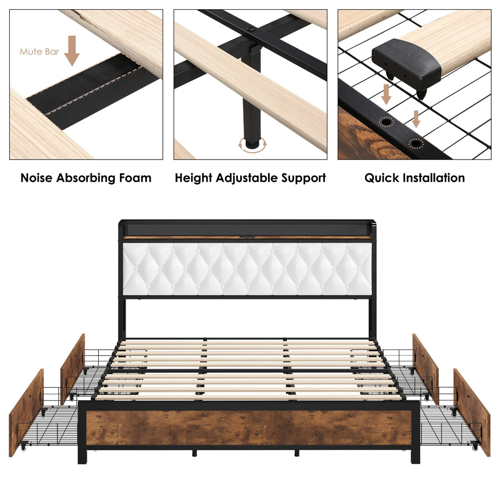 King Size White Leather Upholstered Platform Bed Frame with 4 Storage Drawers N6909