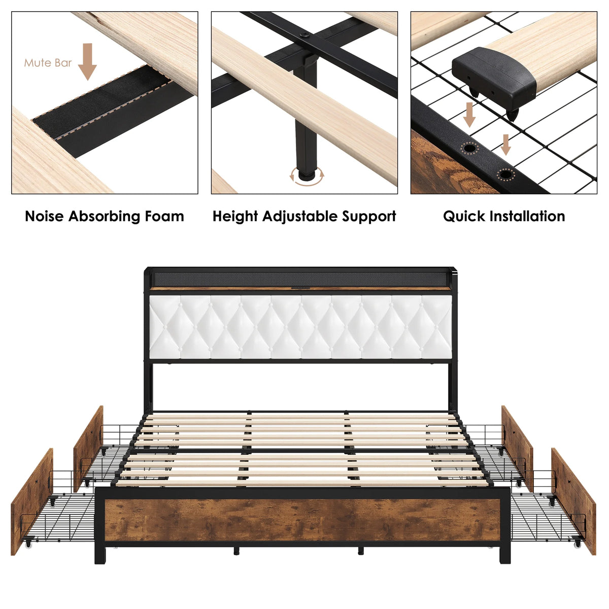King Size White Leather Upholstered Platform Bed Frame with 4 Storage Drawers N6909