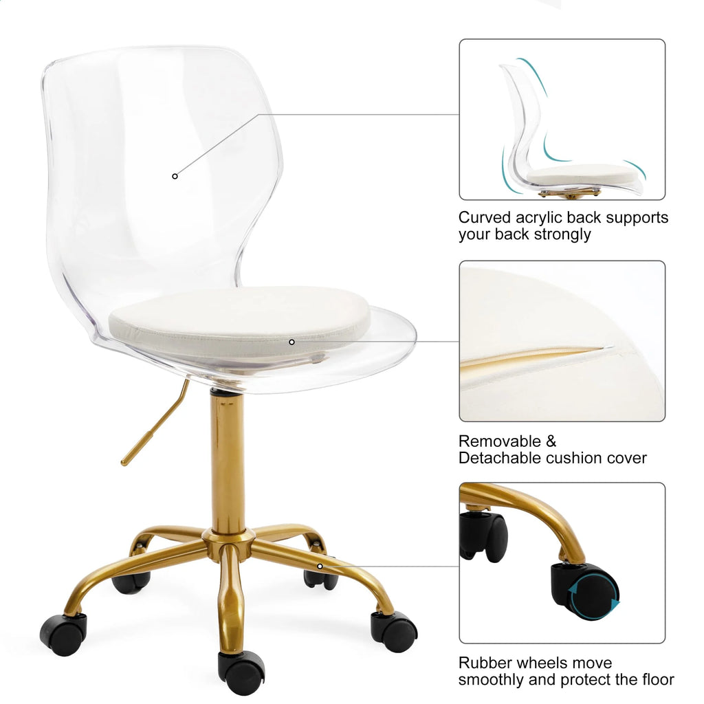 Acrylic Desk Chair with Removable Cushion, Clear Adjustable Rolling Swivel Chair C8194