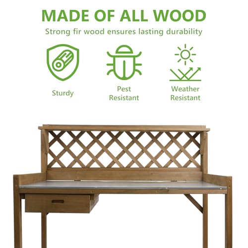 Wooden Potting Bench with Metal Table Top, Drawer and Shelf C412