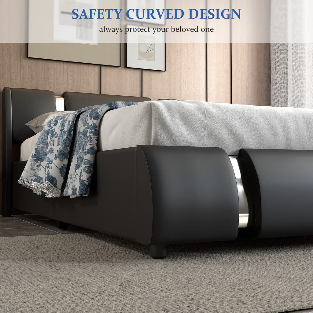 Faux Leather Full Size Platform Bed with LED Light and Adjustable Headboard C2865