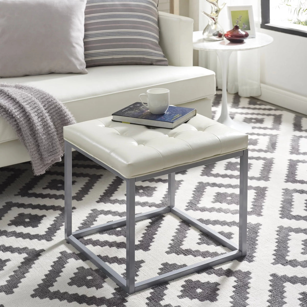 PU Leather Tufted Cube Ottoman with Metal Frame G8757