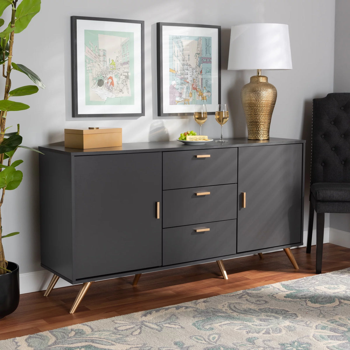 Dark Grey and Gold Finished Wood 2-Door Sideboard Buffet F7603
