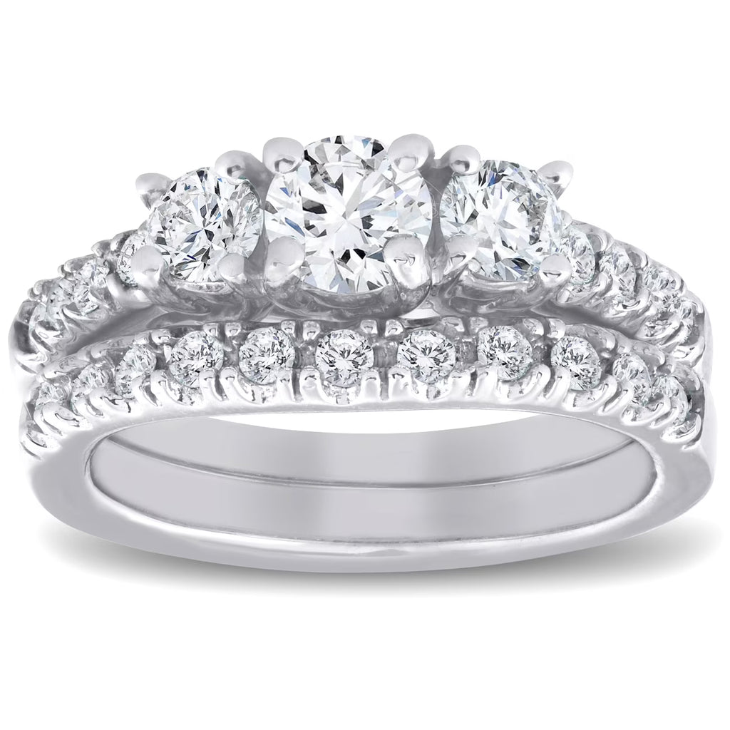 1 1/2 ct 3-Stone Diamond Engagement Ring Matching Wedding Band Set White Gold X2500