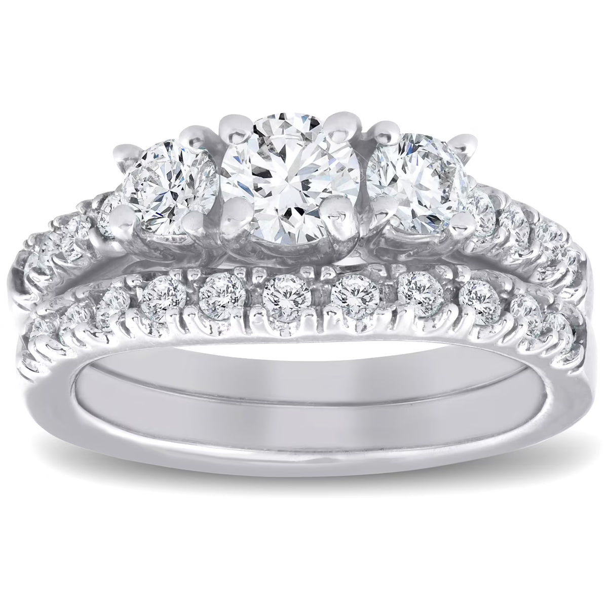 1 1/2 ct 3-Stone Diamond Engagement Ring Matching Wedding Band Set White Gold X2500
