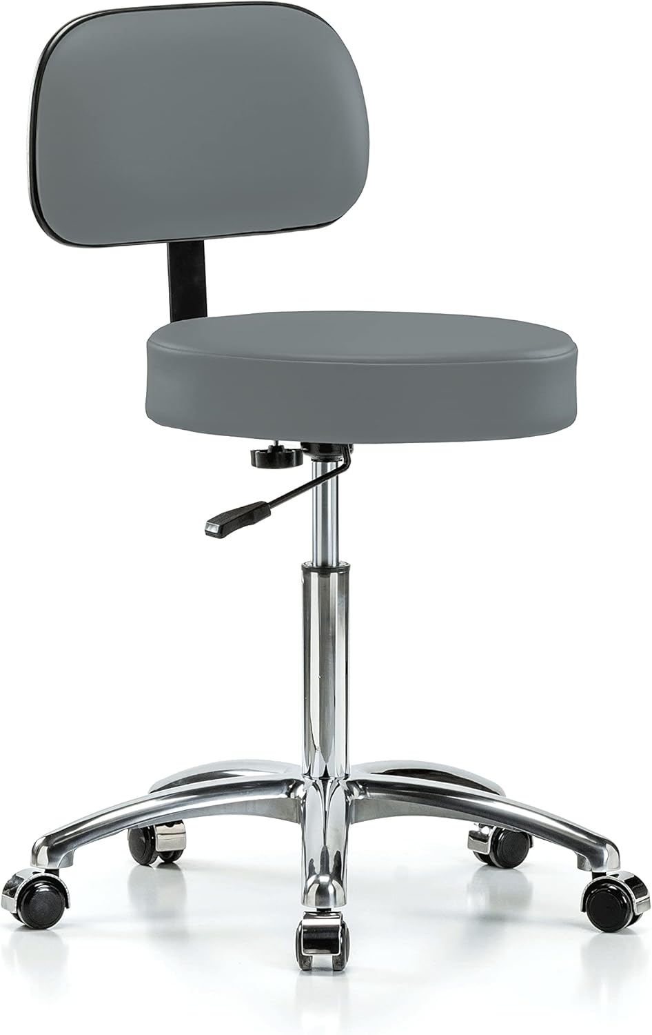 Chrome Rolling Height Adjustable Exam Stool with Back and Footring (Cinder Fabric) K365