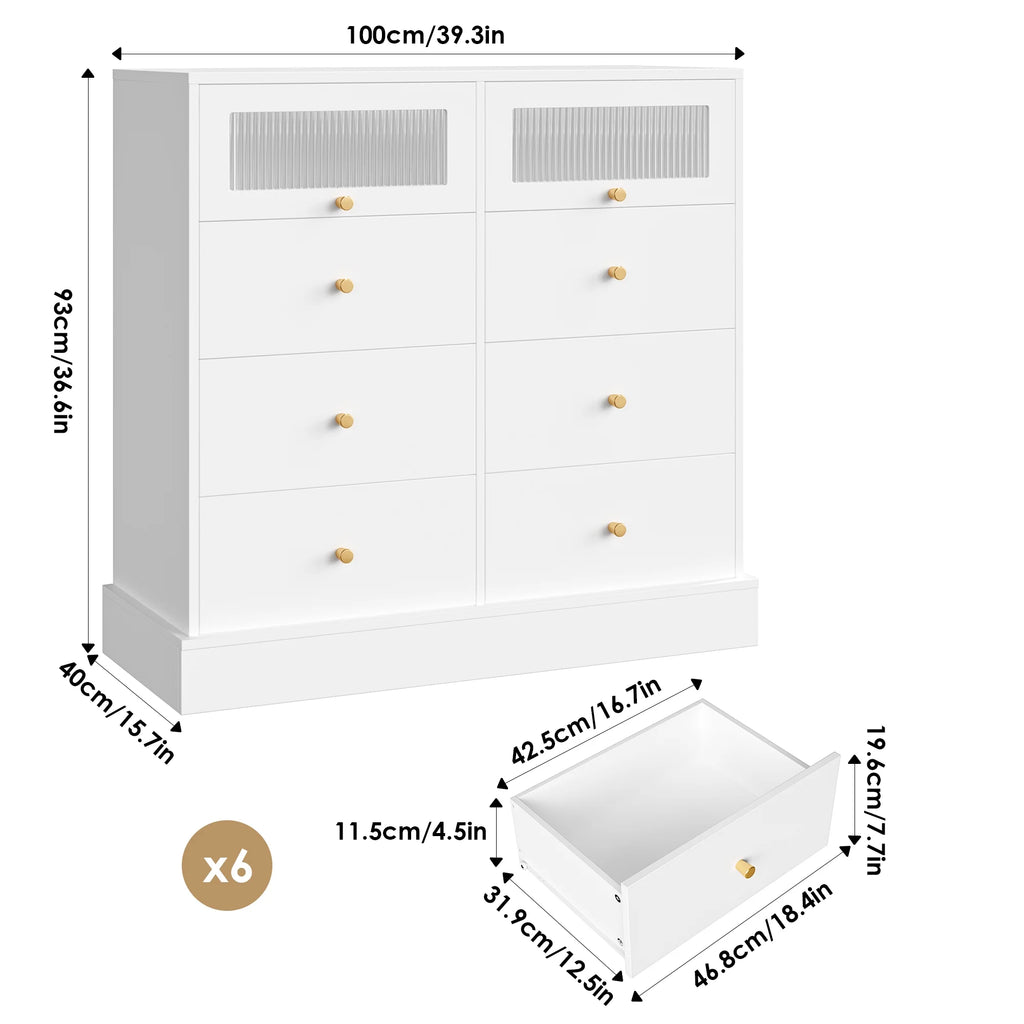 White 8 Drawer Wood Dresser with 2 Glass Doors H855716