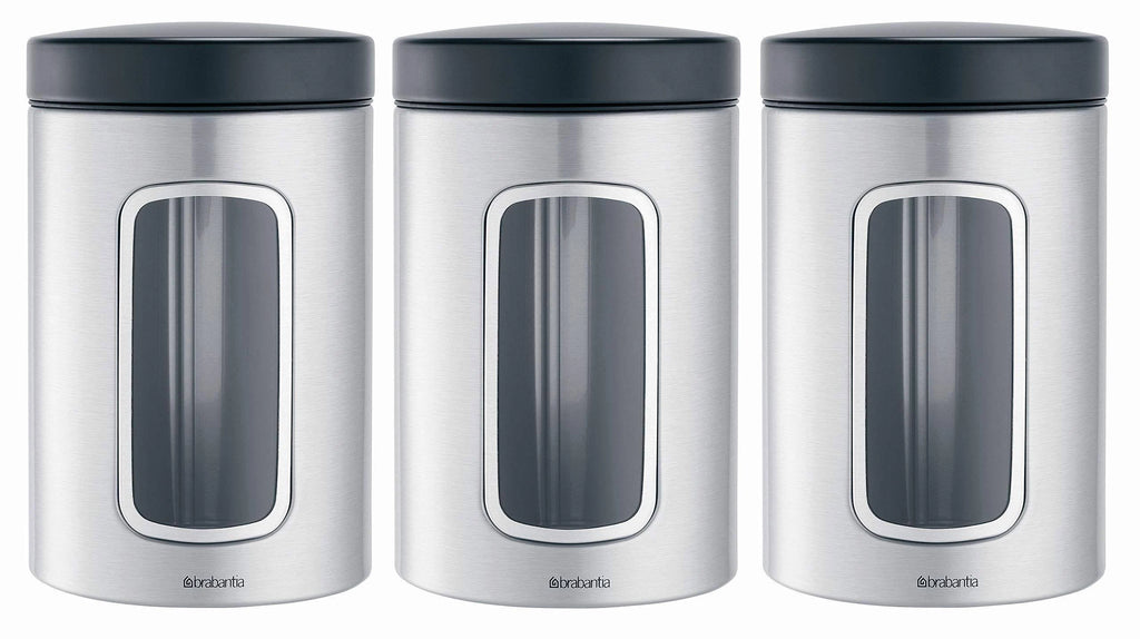 3-Piece Window Canister Set, 1.4-Liter, Matte Steel with Black Lid R171