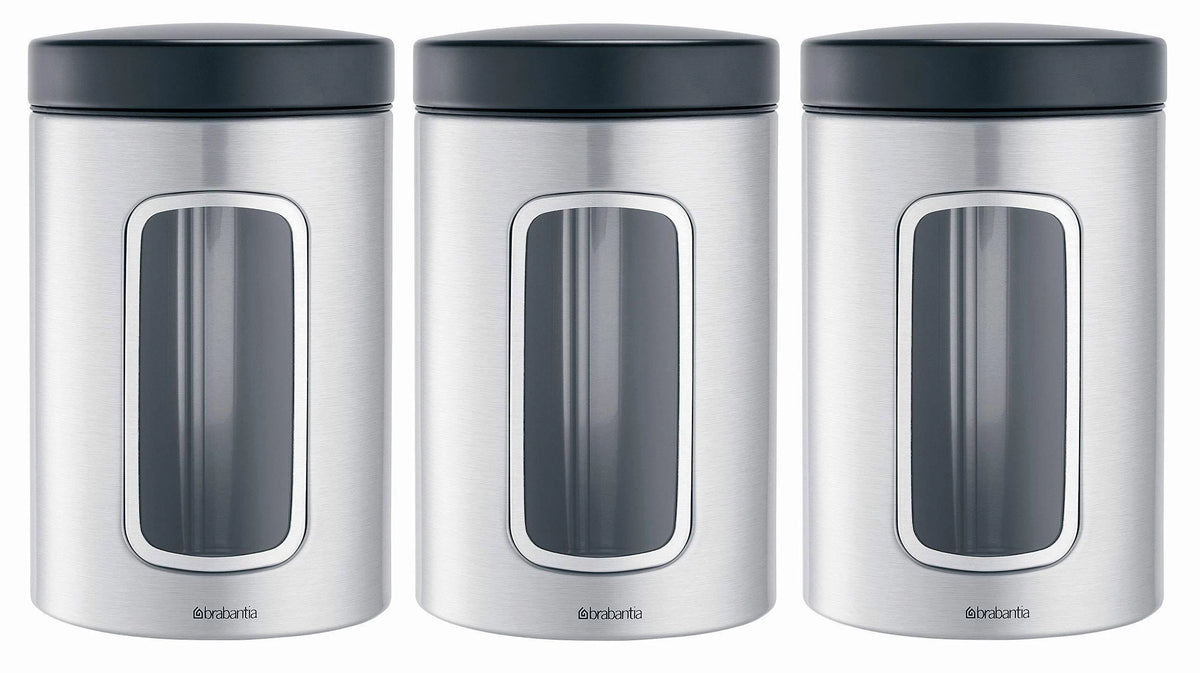 3-Piece Window Canister Set, 1.4-Liter, Matte Steel with Black Lid R171