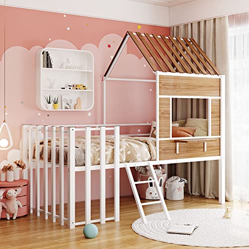 White Twin Size Metal Low Loft Bed Frame with Roof, Window, Guardrail and Ladder O61806