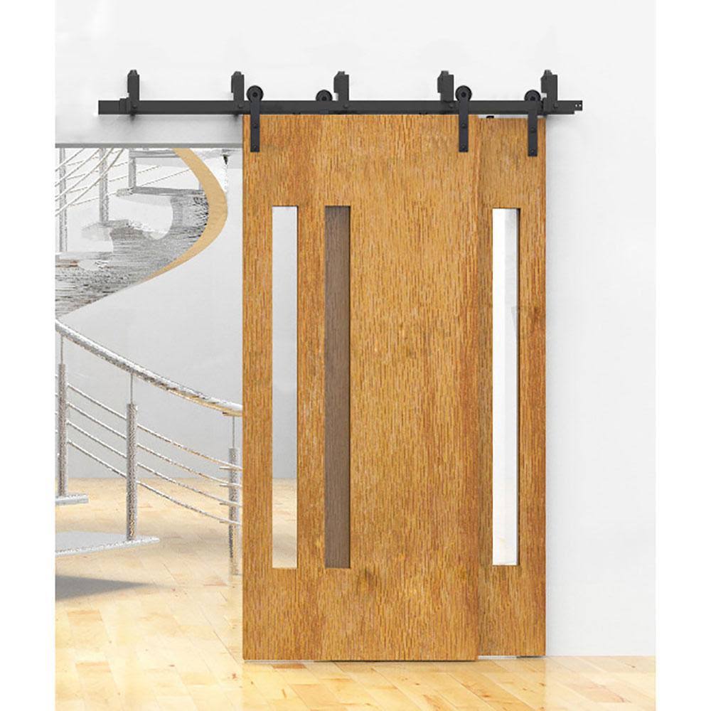Black Bypass Sliding Barn Hardware Track Kit for Double Wood Doors B475996