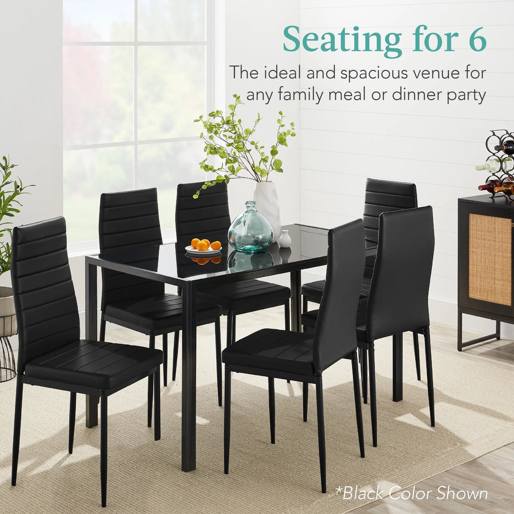 7-Piece Kitchen Dining Table Set with Glass Tabletop 6 Faux Leather Chairs X79880