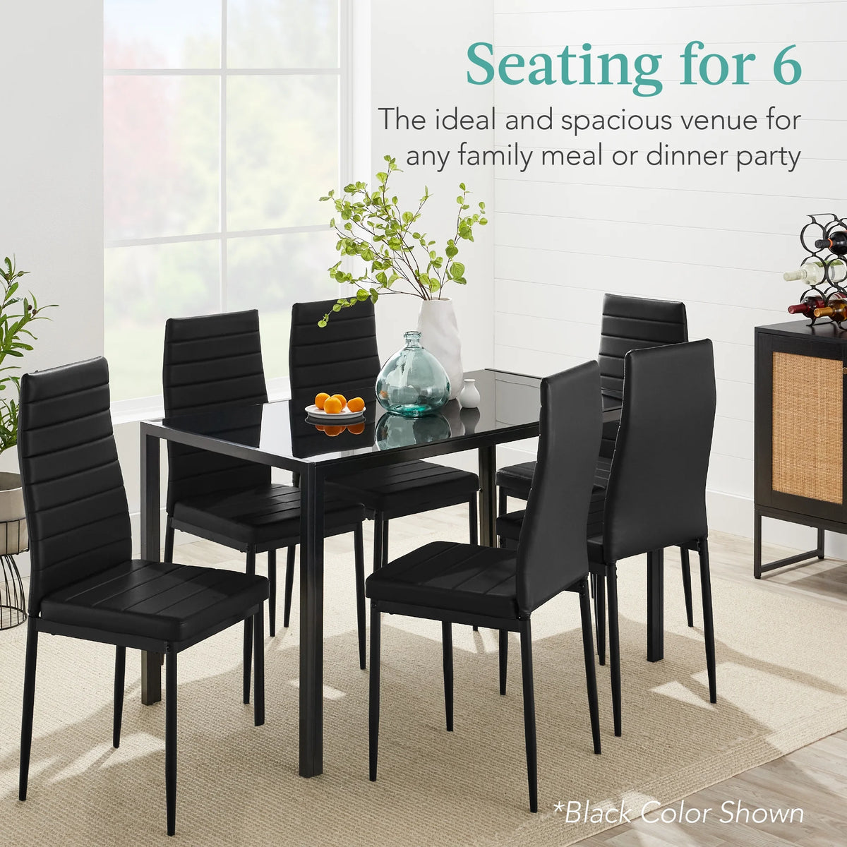 7-Piece Kitchen Dining Table Set with Glass Tabletop 6 Faux Leather Chairs X79880